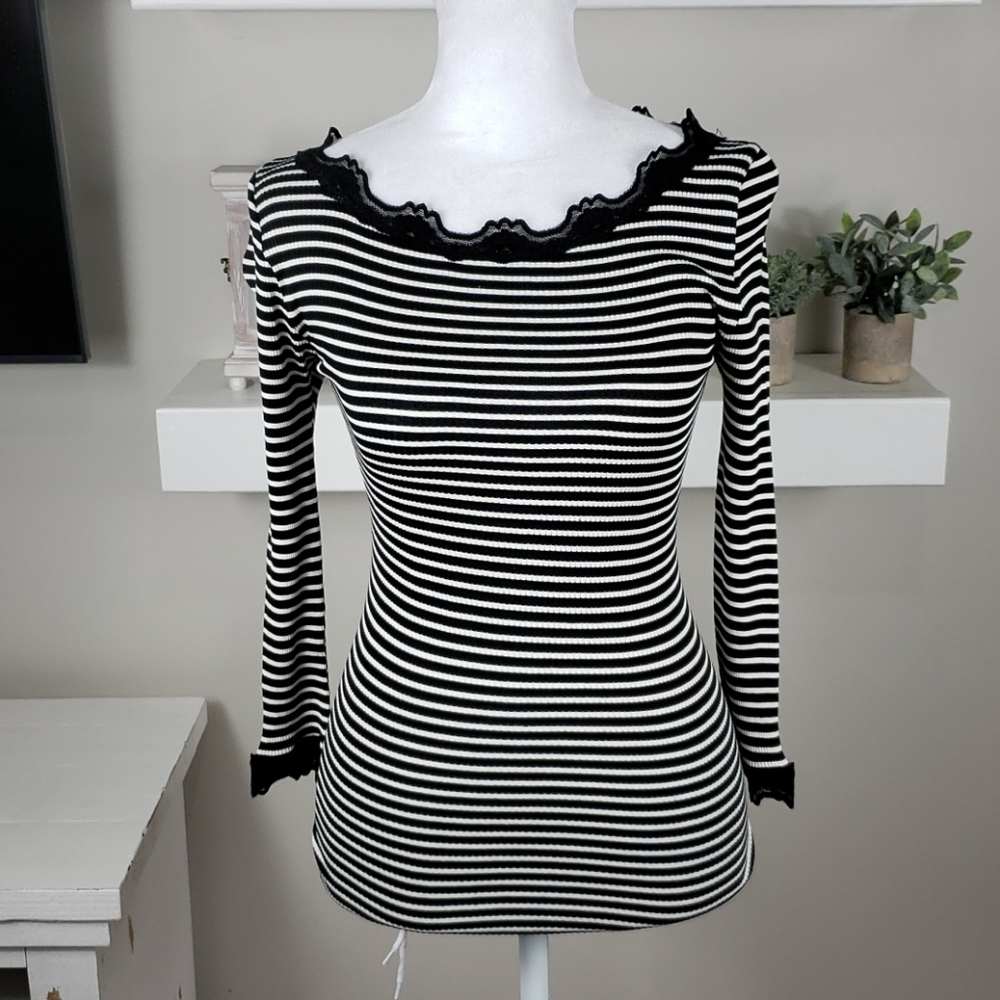 Rosemunde silk and cotton Black & White Striped Lace-Trim Long Sleeve Top